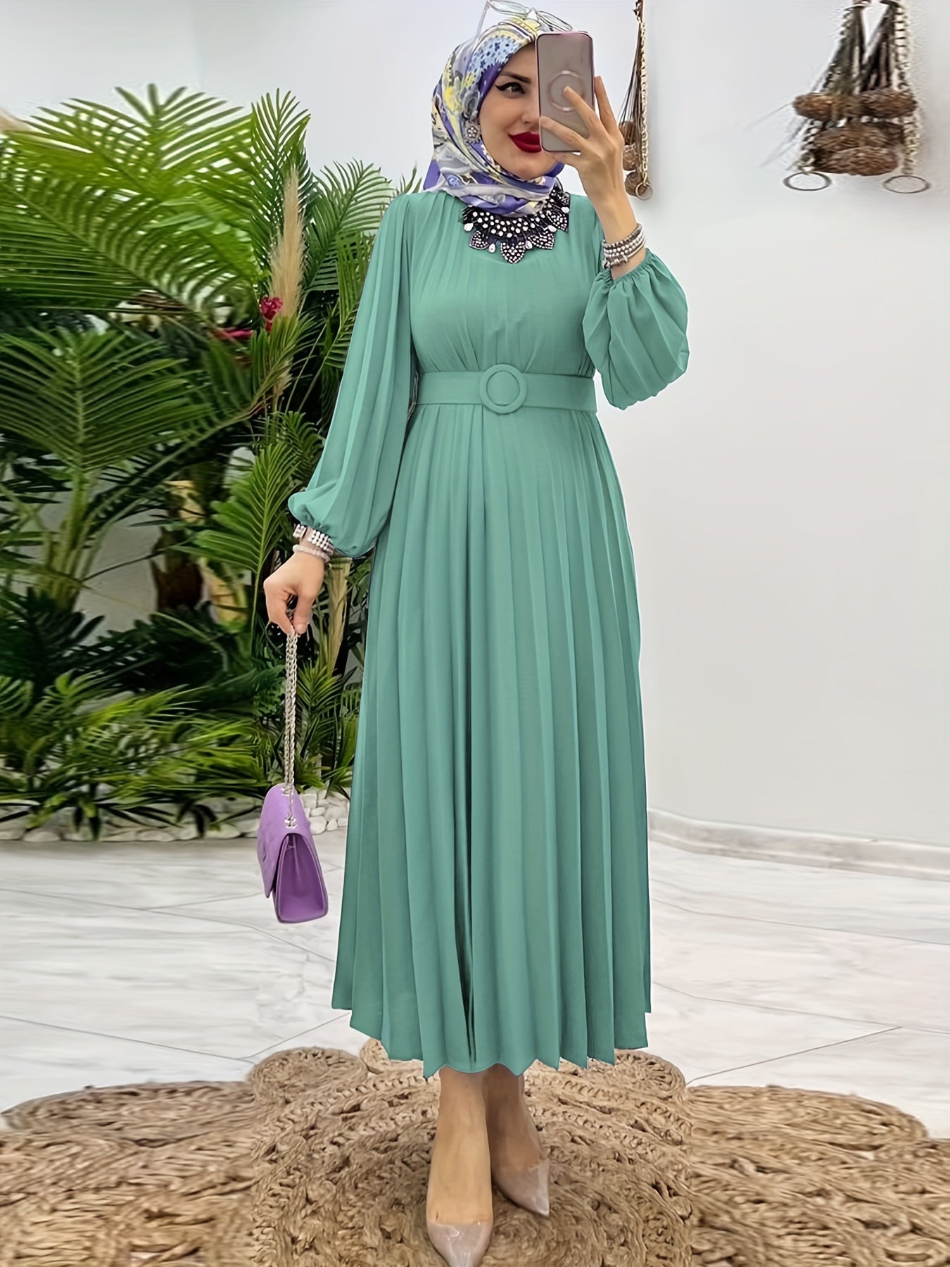 Ruffle Hem Crew Neck Abayas Dress, Elegant Maxi Dress