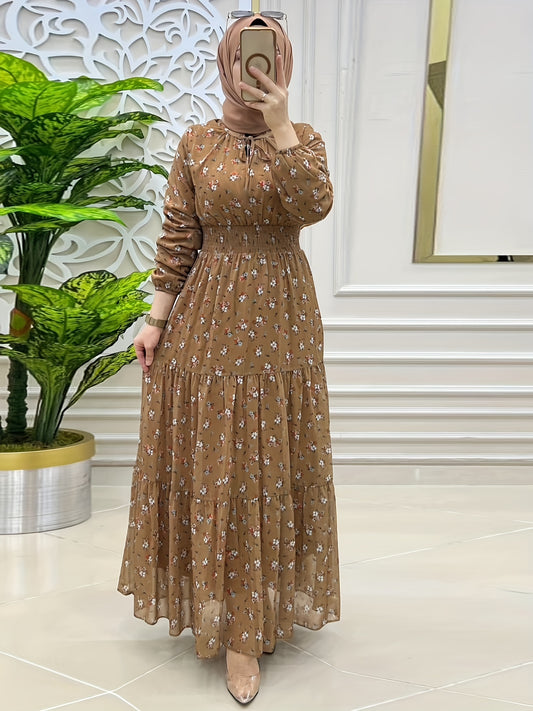 Crew Neck Long Sleeve Abayas Dress, Elegant Shirred Waist Ruffle Hem Maxi Length Dress, Women's Clothing