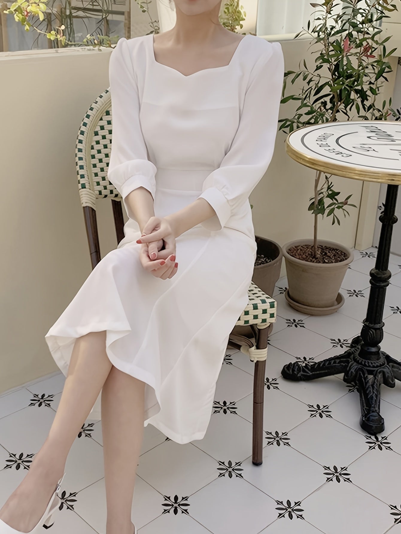 Elegant French-Inspired Square Neck Midi Dress with Tie Waist