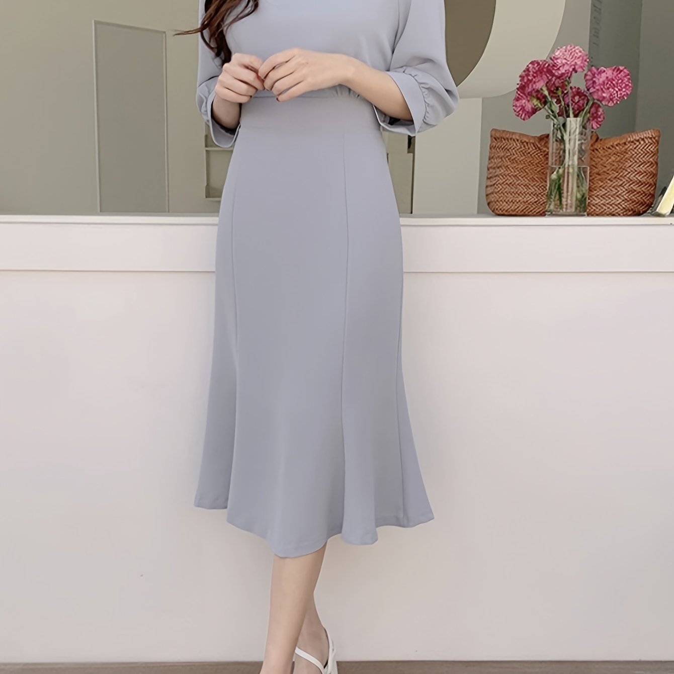 Elegant French-Inspired Square Neck Midi Dress with Tie Waist