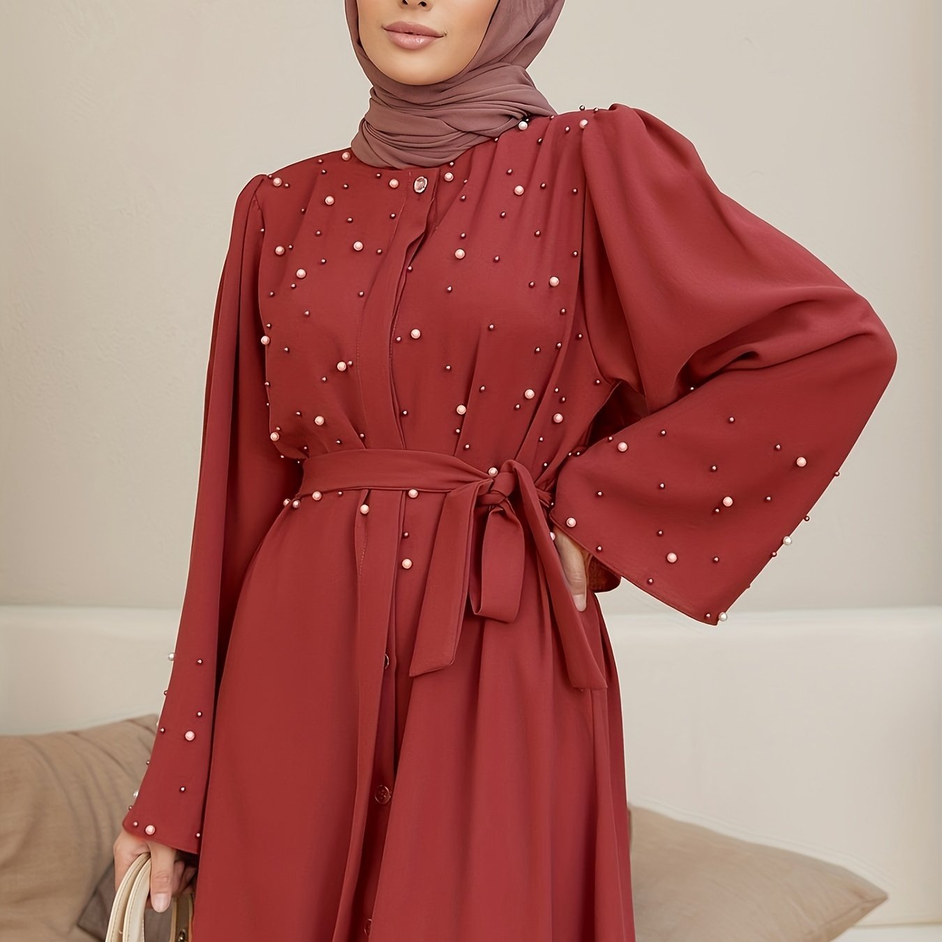 Ramadan Button Front Tie Waist Beaded Burqas, Elegant Long Sleeve Maxi Length Dress, Women's Clothing