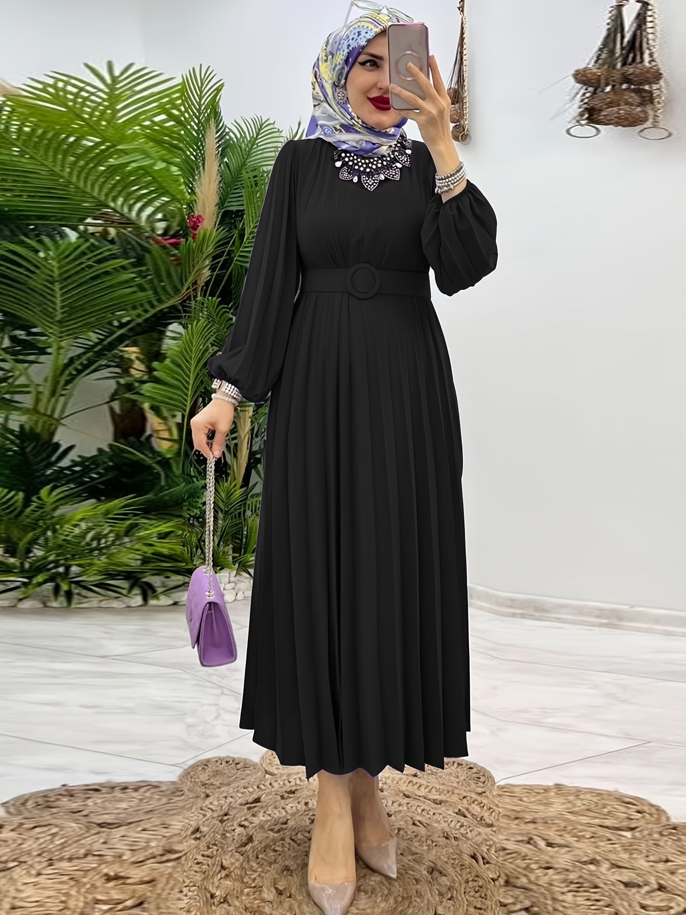 Ruffle Hem Crew Neck Abayas Dress, Elegant Maxi Dress