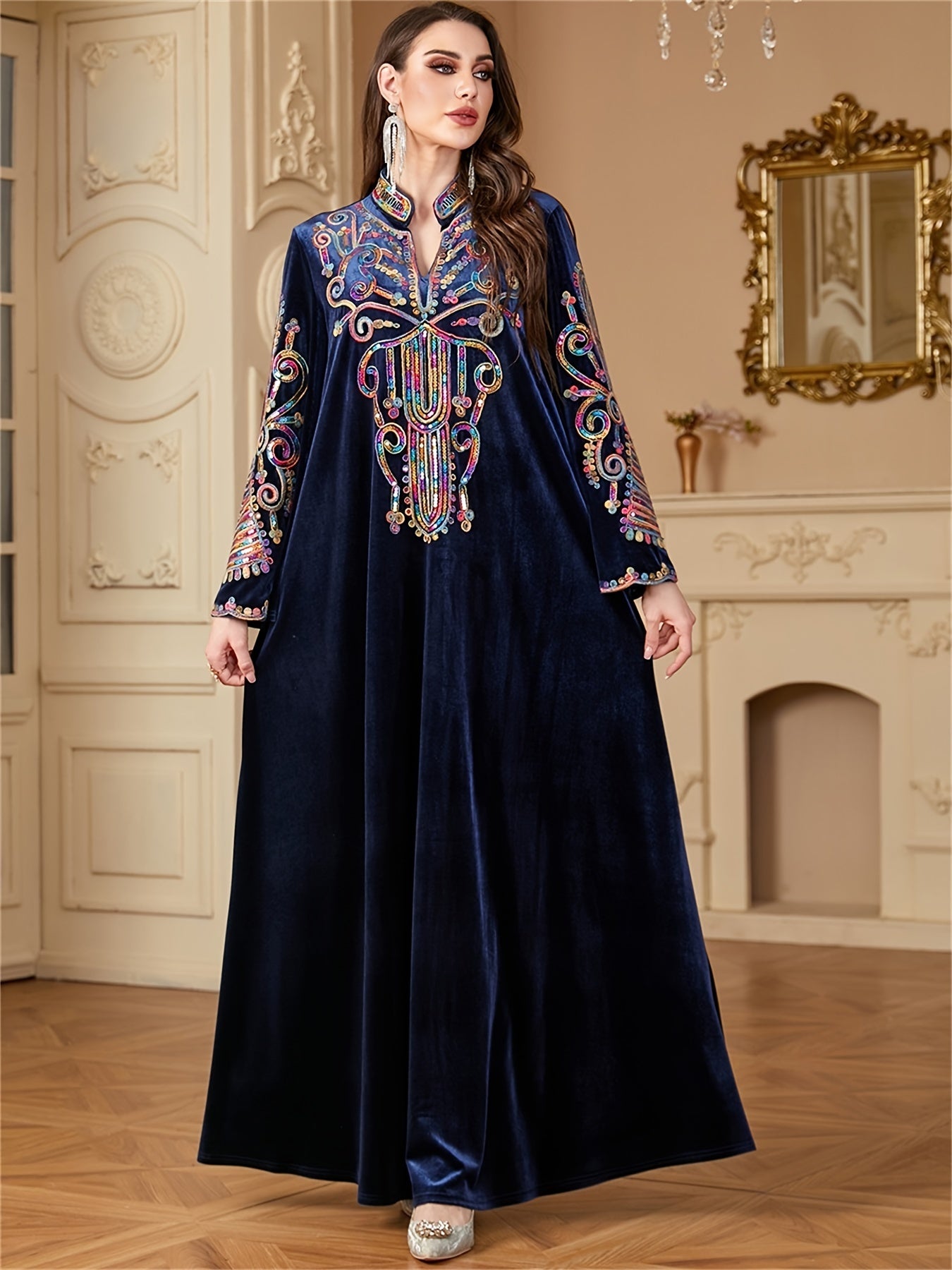 Elegant Sequin Abaya for Women - Long Sleeve Velvet Kaftan Dress, Dark Blue with Vibrant Floral Patterns, Maxi Length, Perfect for Ramadan and Formal Occasions, Muslim Clothes