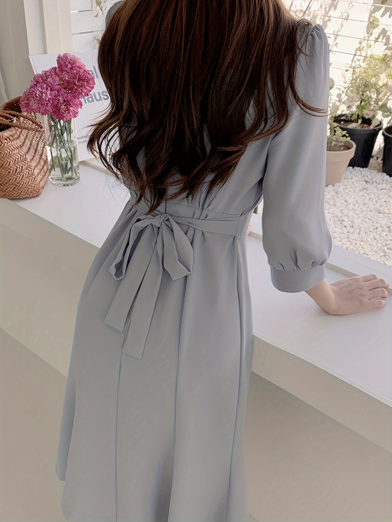 Elegant French-Inspired Square Neck Midi Dress with Tie Waist