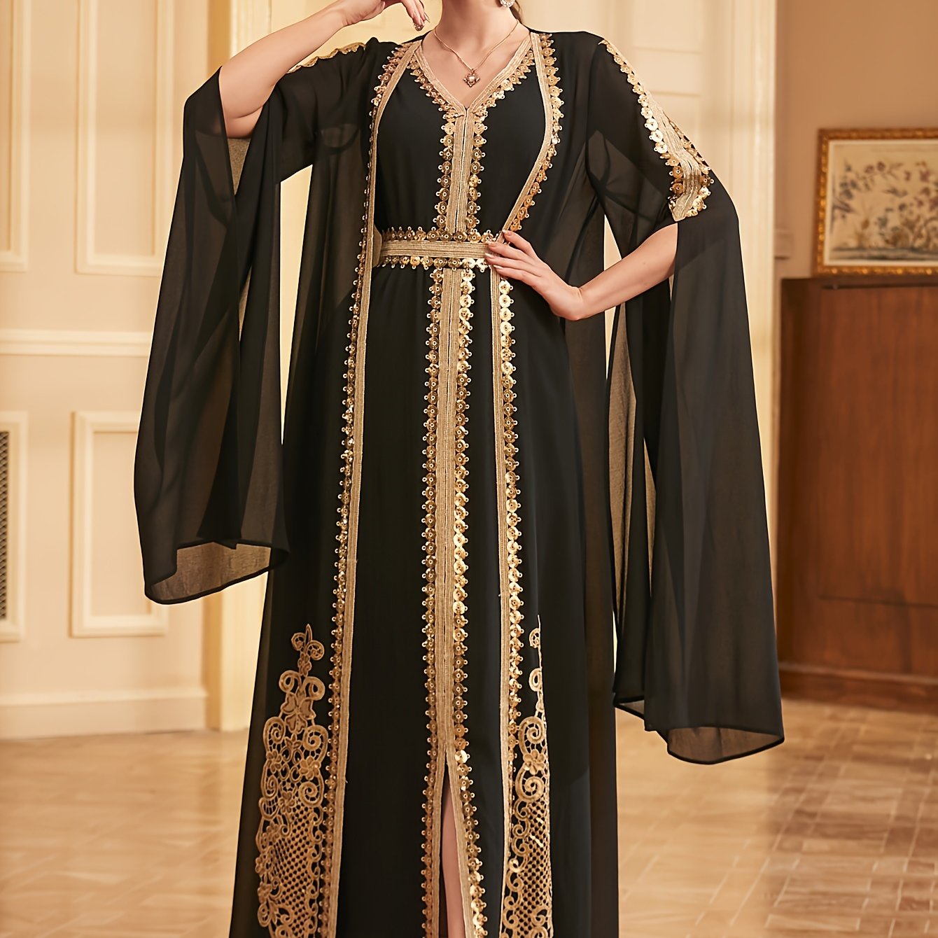 Two-piece Set: Fashion Embroidered Vest with Waist Cincher and Long Skirt + Cardigan with Sequins and Split Long Sleeves