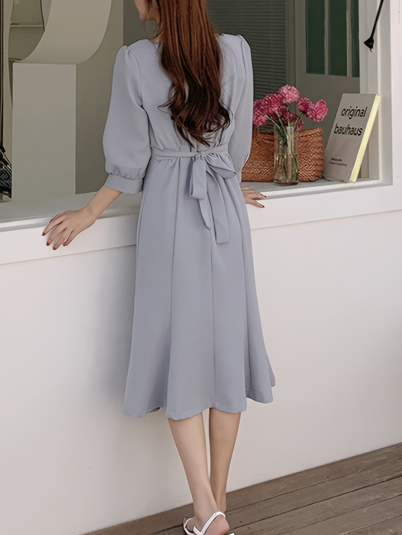 Elegant French-Inspired Square Neck Midi Dress with Tie Waist