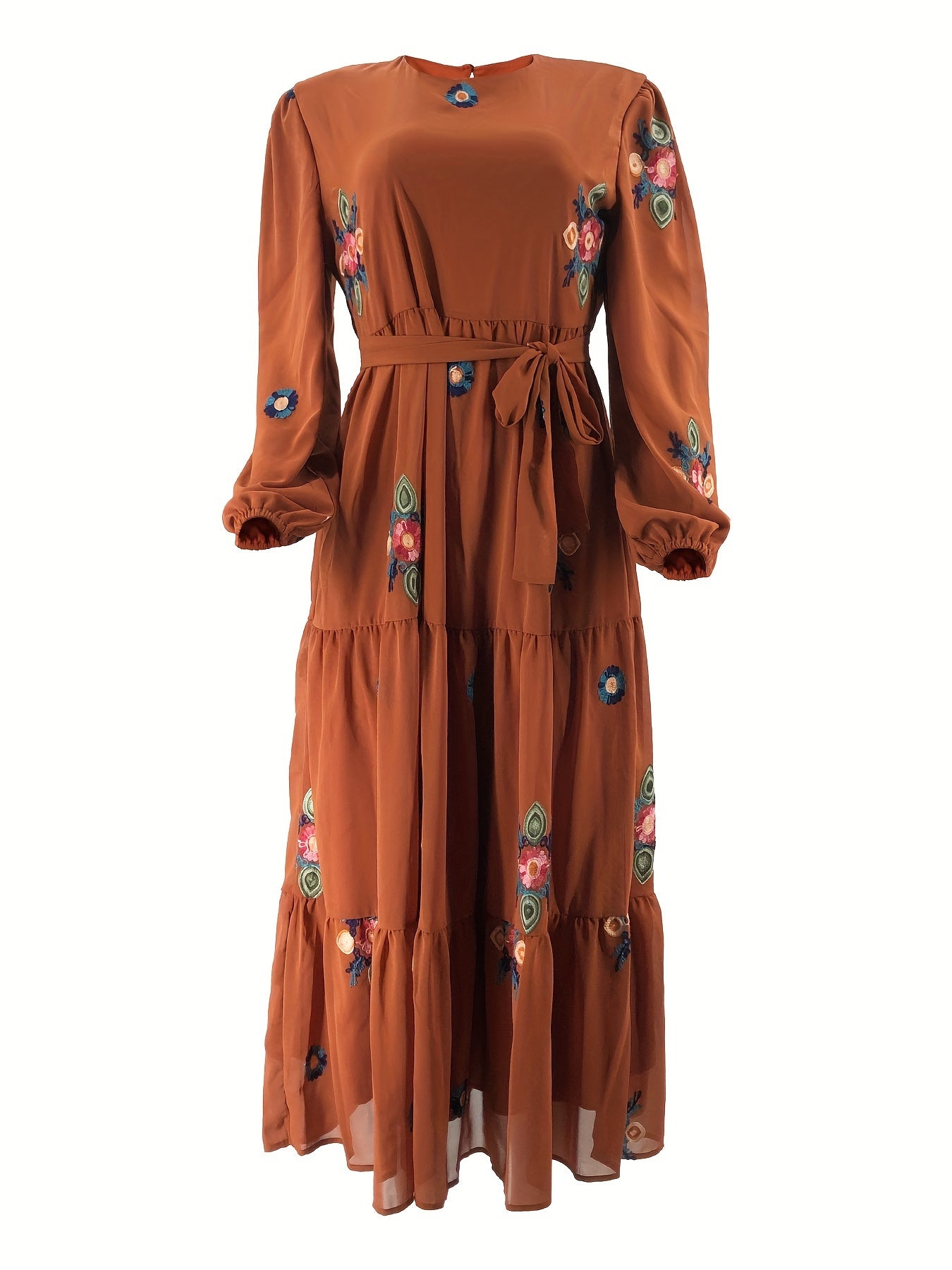 Ramadan Floral Print Crew Neck Long Sleeve Dress, Casual Tie Front Layered Maxi Length Dress, Women's Clothing