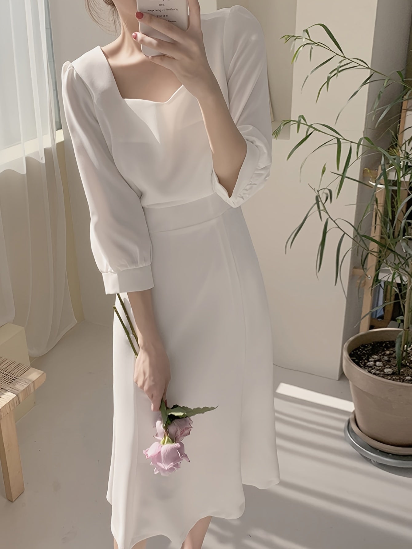 Elegant French-Inspired Square Neck Midi Dress with Tie Waist