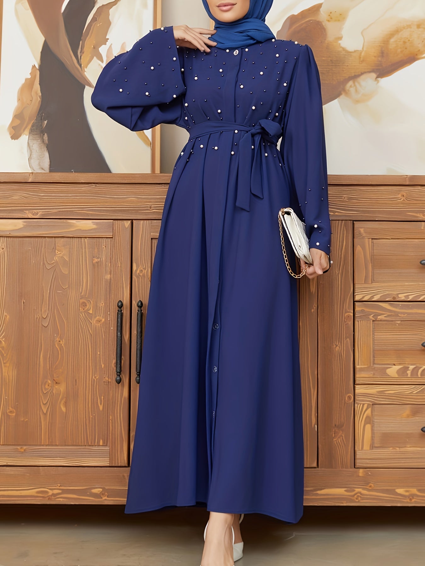 Ramadan Button Front Tie Waist Beaded Burqas, Elegant Long Sleeve Maxi Length Dress, Women's Clothing