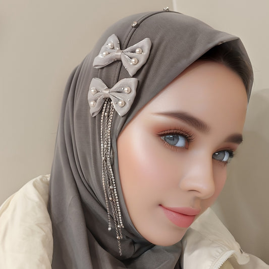 Elegant FLUOROSPARK Instant Hijab with Bow & Tassel - Breathable Polyester, Stretchy Headscarf for Women | Versatile Head Wrap Bandana in Black, Pink, White, Gray, Beige | Ideal for Birthdays & Casual Attire, Hijab Scarf