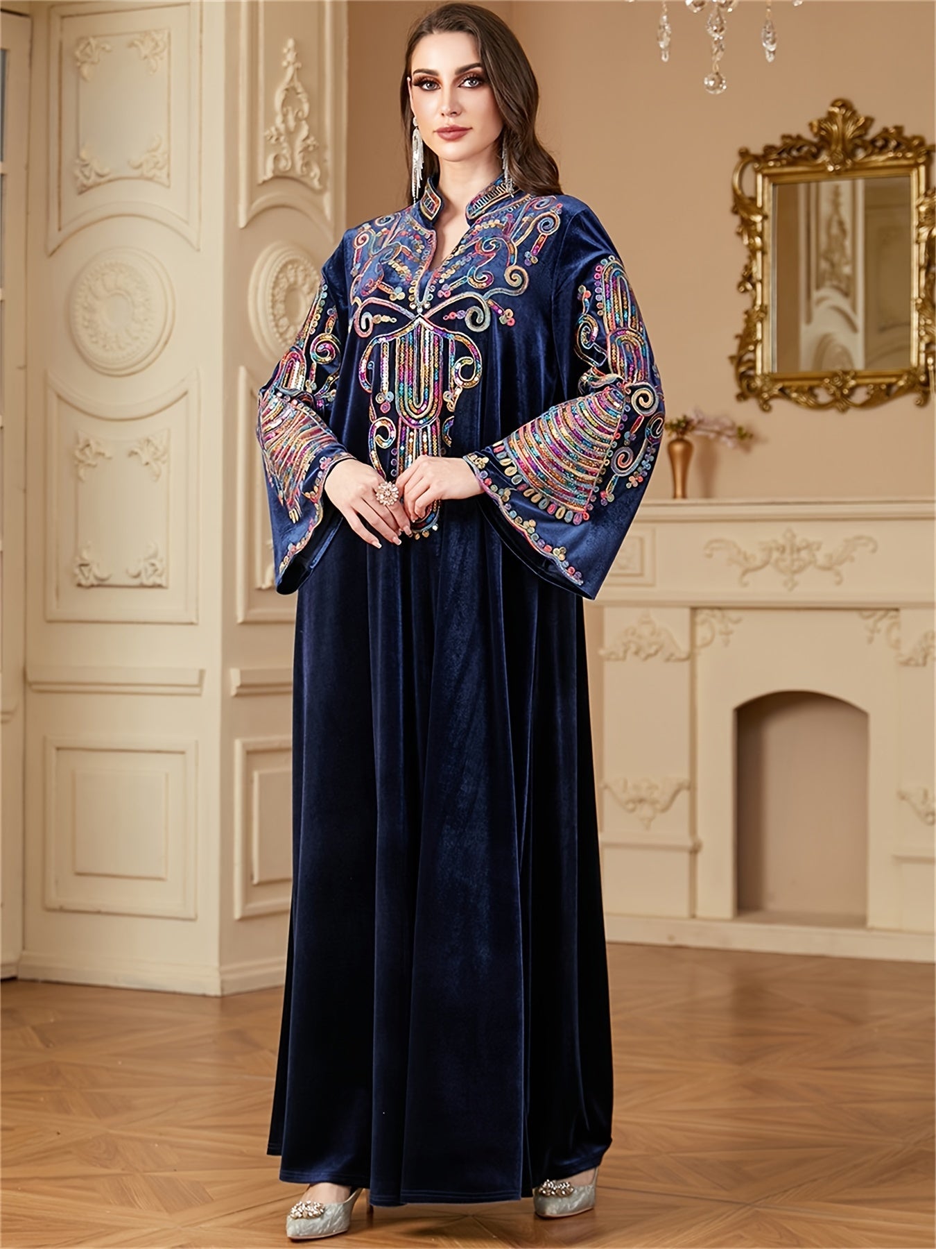 Elegant Sequin Abaya for Women - Long Sleeve Velvet Kaftan Dress, Dark Blue with Vibrant Floral Patterns, Maxi Length, Perfect for Ramadan and Formal Occasions, Muslim Clothes