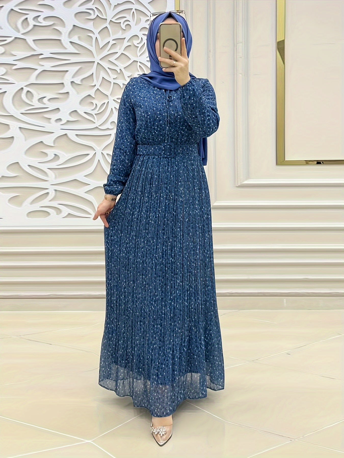 Print Chiffon Maxi Dress for Women - Long Sleeve, Belted Waist, Machine Washable - Perfect for Ramadan & Casual Attire, Middle Eastern, Muslim