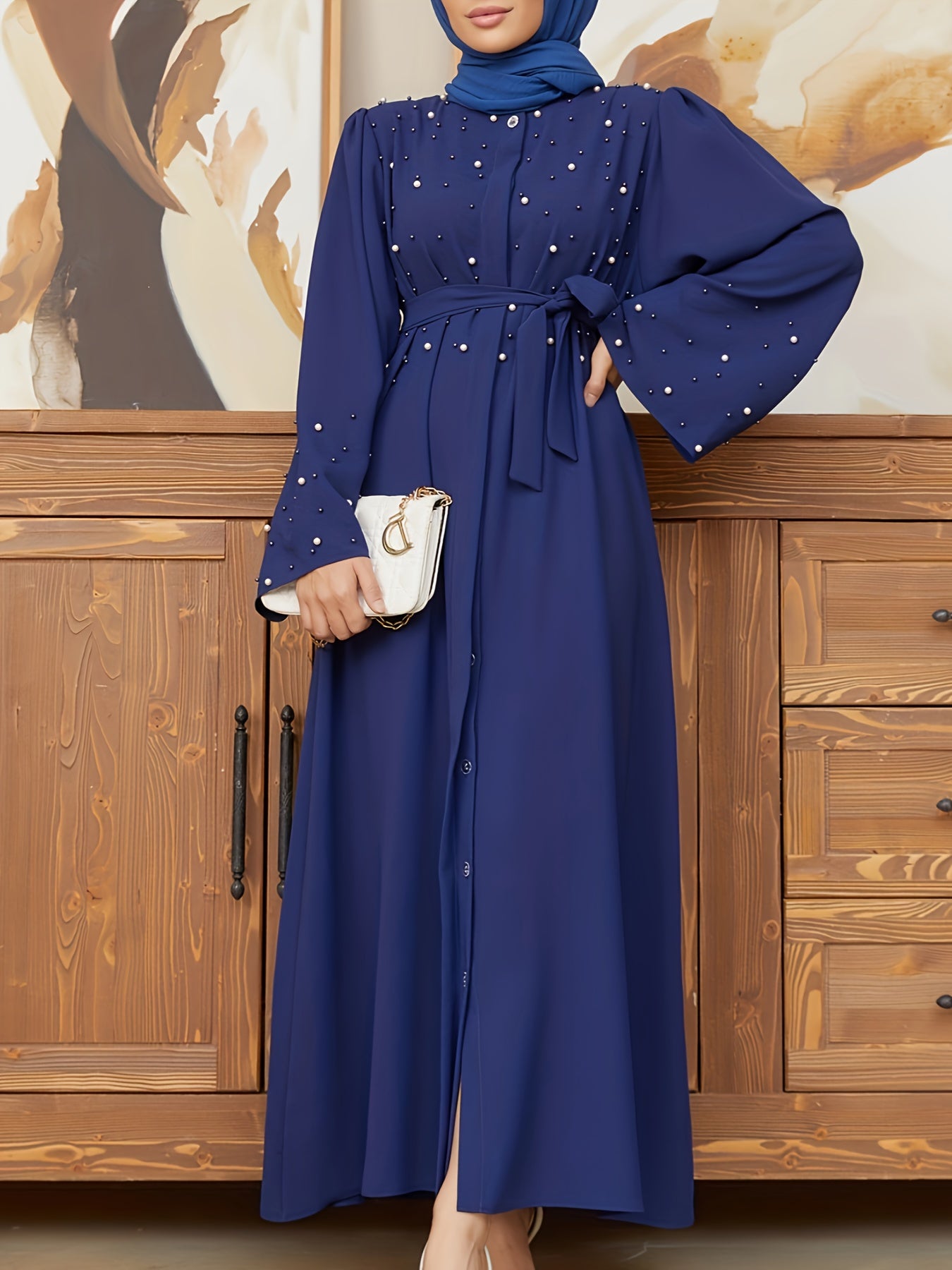 Ramadan Button Front Tie Waist Beaded Burqas, Elegant Long Sleeve Maxi Length Dress, Women's Clothing