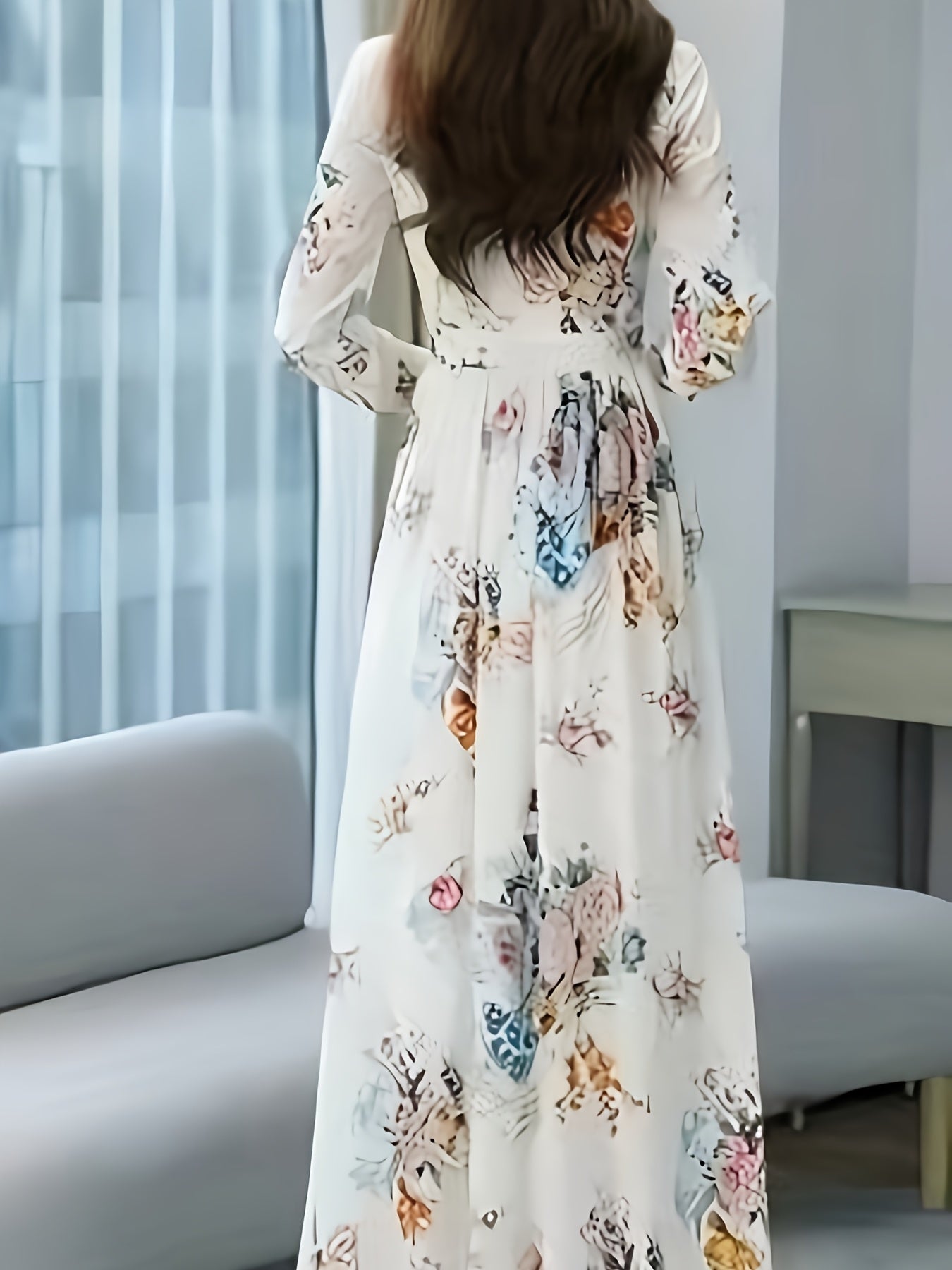 Women'S Floral Print Ruffle Collar Crew Neck Dress, Polyester Fit and Flare Maxi with Waist Cinching, Lightweight Woven Fabric, Ideal for Spring/Summer/Fall - Adult Sizes