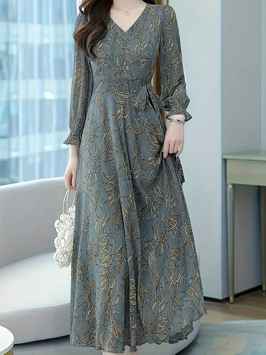 Elegant Long Sleeve Floral Midi Dress - Vintage V-Neck Design, A-Line Silhouette, Polyester Fabric, Perfect for Casual & Formal Occasions, Women's Fashion Essential