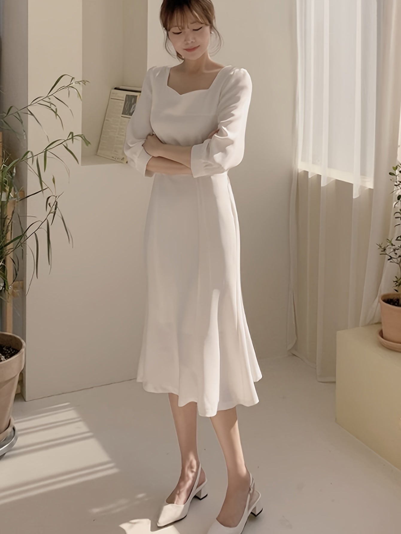 Elegant French-Inspired Square Neck Midi Dress with Tie Waist