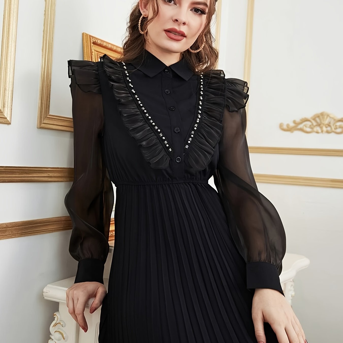 Ruffle Trim Button Front Pleated Dress, Elegant Long Sleeve Aline Flowy Dress