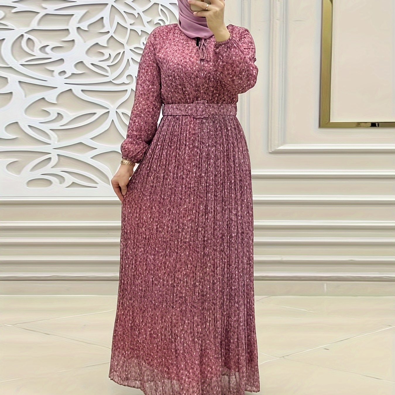 Print Chiffon Maxi Dress for Women - Long Sleeve, Belted Waist, Machine Washable - Perfect for Ramadan & Casual Attire, Middle Eastern, Muslim