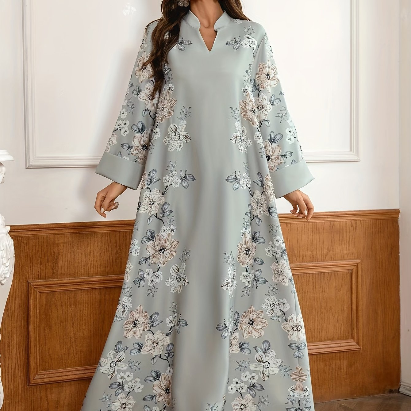 Elegant Floral Embroidered Kaftan Dress for Women - Long Sleeve, V-Neck Maxi Robe with Bead Detail, Polyester, Perfect for Spring/Fall