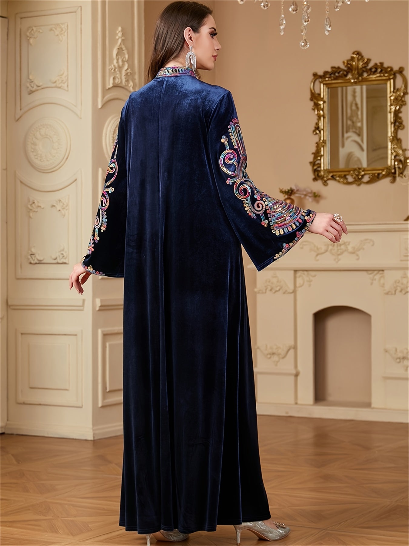 Elegant Sequin Abaya for Women - Long Sleeve Velvet Kaftan Dress, Dark Blue with Vibrant Floral Patterns, Maxi Length, Perfect for Ramadan and Formal Occasions, Muslim Clothes