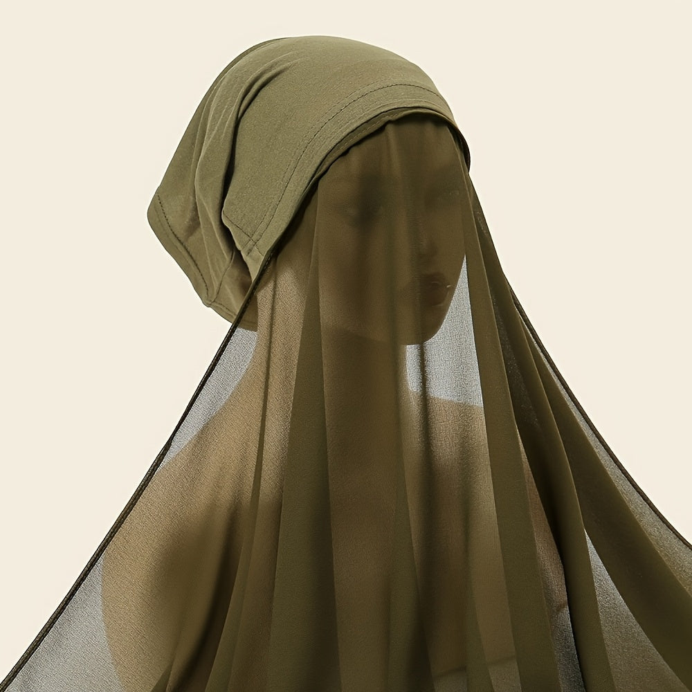 Elegant Chiffon Instant Hijab with Built-In Undercap - Women's Casual Wrap Shawl, Windproof & Sun-Protective for Outdoor Use