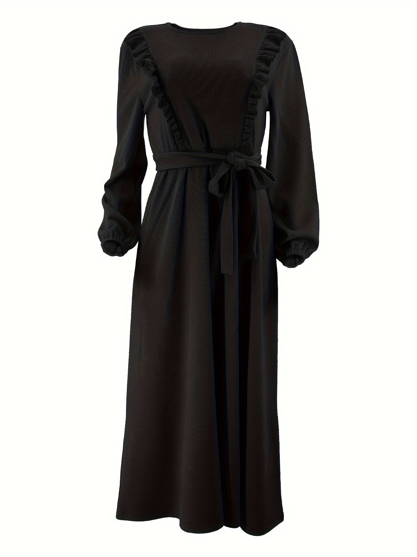 Elegant Solid Color Maxi Dress for Women - Polyester & Spandex Blend, Machine Washable, Belt Detail, Perfect for All Seasons