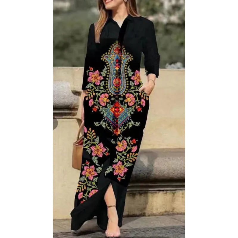 Vintage Flower Print Loose Dress Autumn