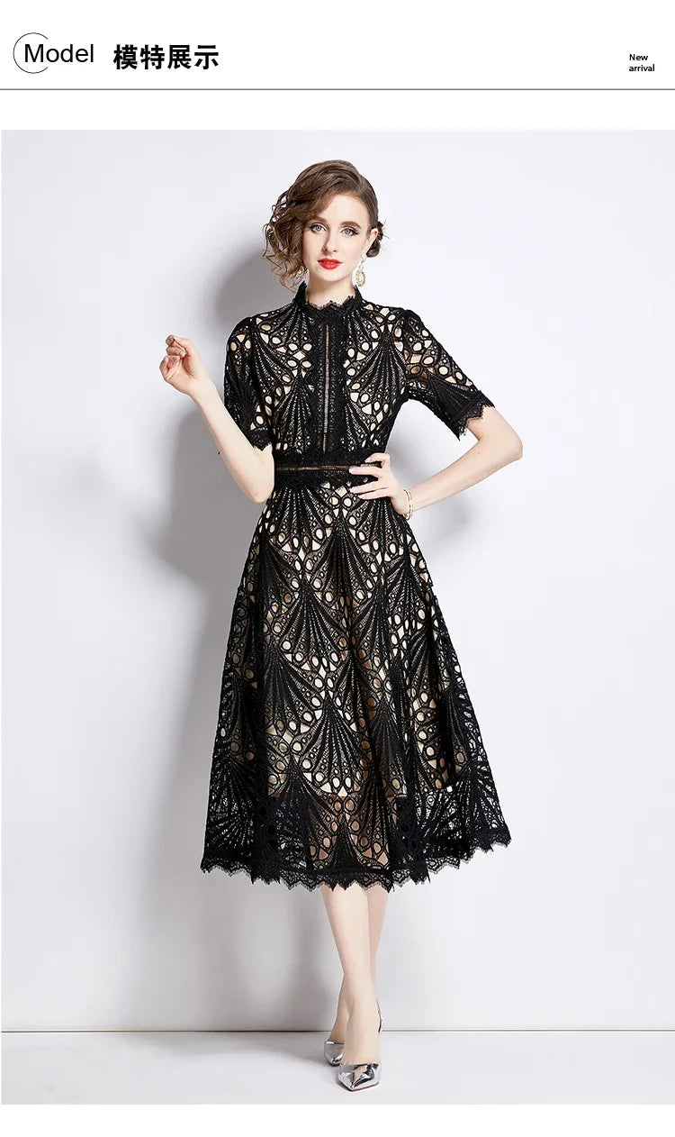 SMTHMA Vintage High-End O-Neck Short Sleeve Lace