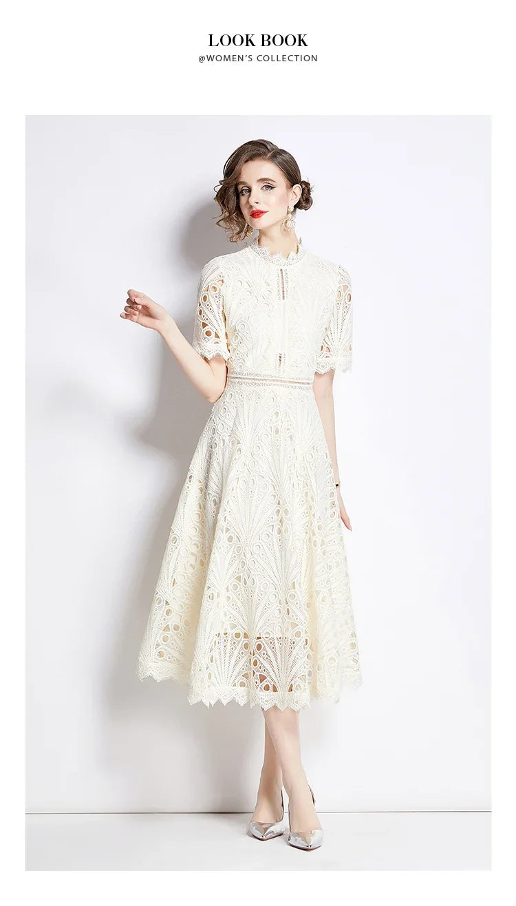 SMTHMA Vintage High-End O-Neck Short Sleeve Lace