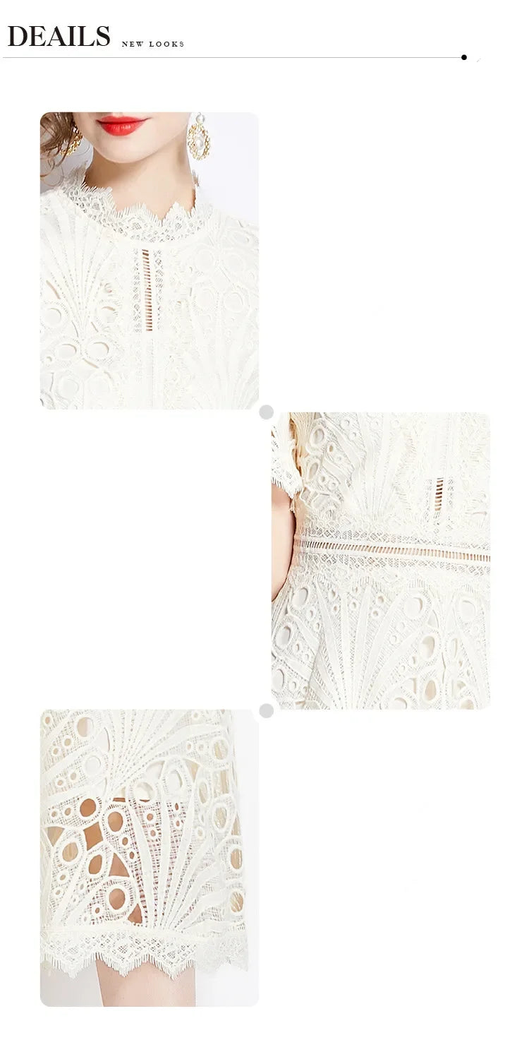 SMTHMA Vintage High-End O-Neck Short Sleeve Lace