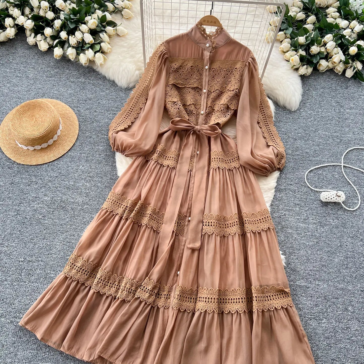 Elegant Hollow Out Organza Long Maxi Dresses Layer Ruffle