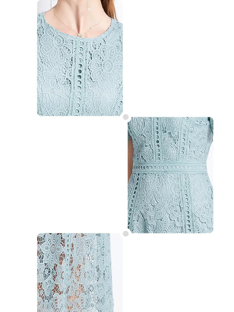 SMTHMA Vintage High-End O-Neck Short Sleeve Lace