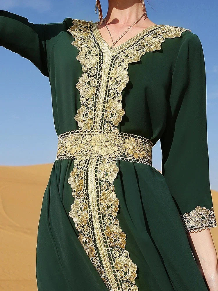 Elegant Moroccan Women Dress Embroidery Lace Retro Abaya