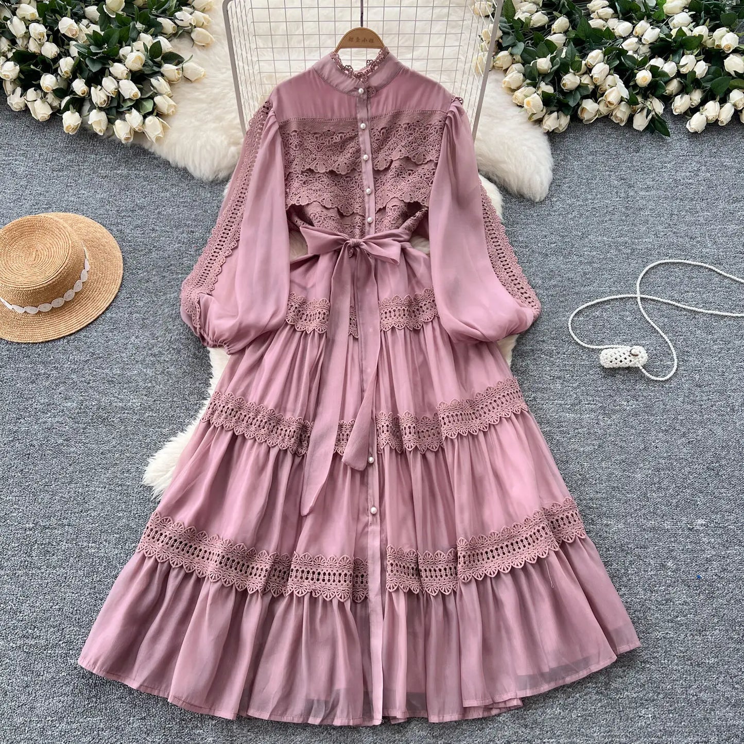 Elegant Hollow Out Organza Long Maxi Dresses Layer Ruffle