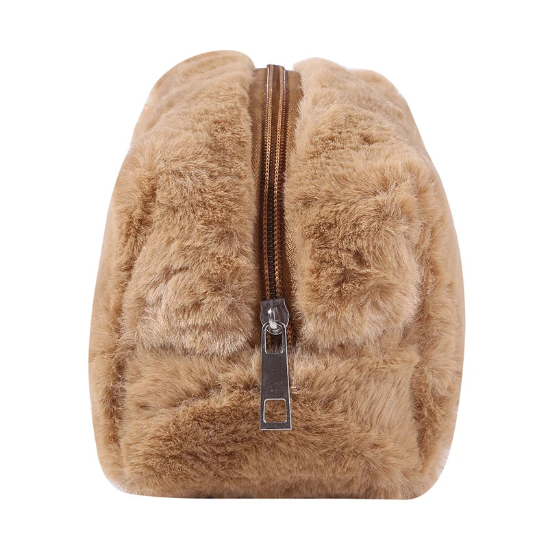 1 Pc Solid Color Fur Travel Cosmetic Bag Organizer