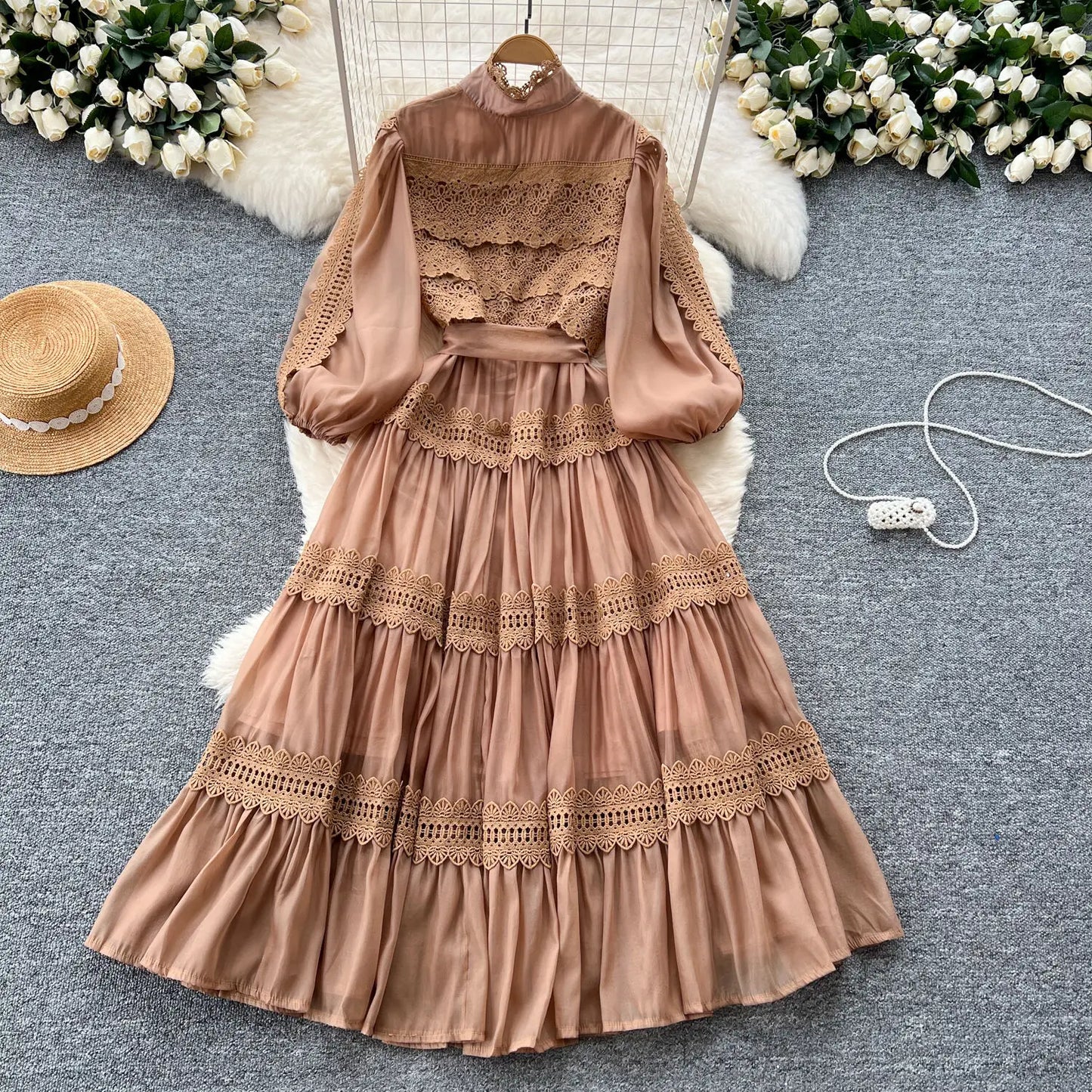 Elegant Hollow Out Organza Long Maxi Dresses Layer Ruffle