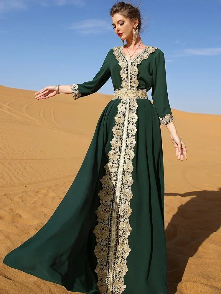 Elegant Moroccan Women Dress Embroidery Lace Retro Abaya