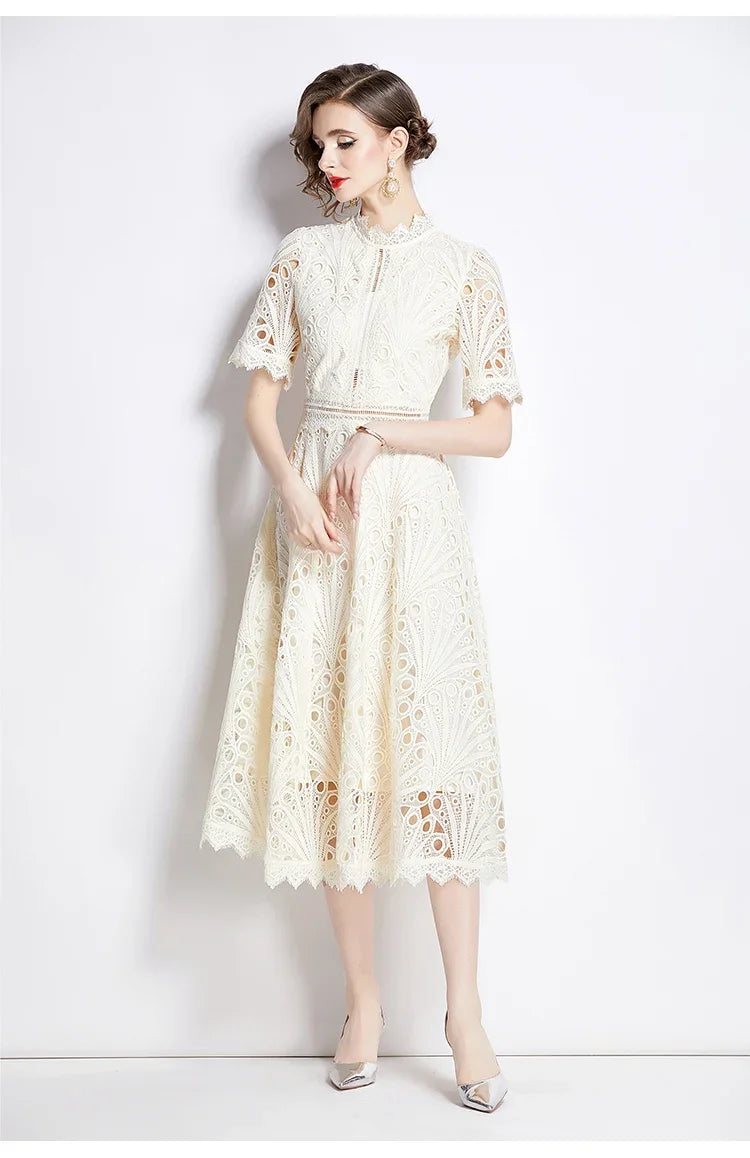 SMTHMA Vintage High-End O-Neck Short Sleeve Lace