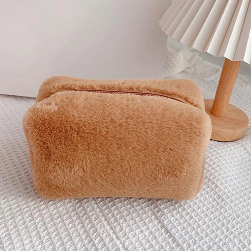 1 Pc Solid Color Fur Travel Cosmetic Bag Organizer