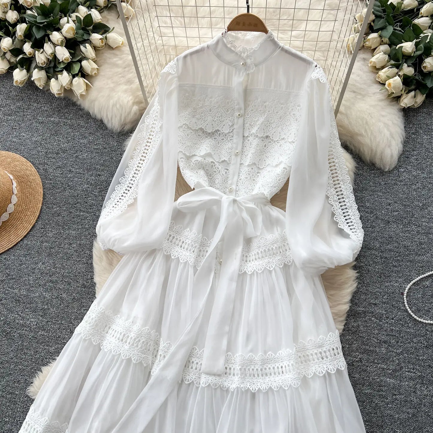 Elegant Hollow Out Organza Long Maxi Dresses Layer Ruffle