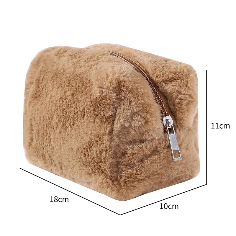 1 Pc Solid Color Fur Travel Cosmetic Bag Organizer