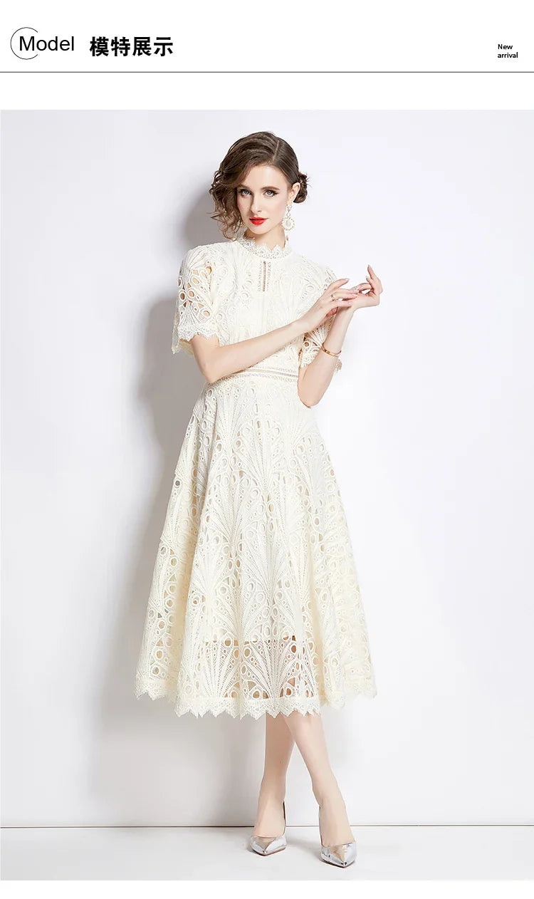 SMTHMA Vintage High-End O-Neck Short Sleeve Lace