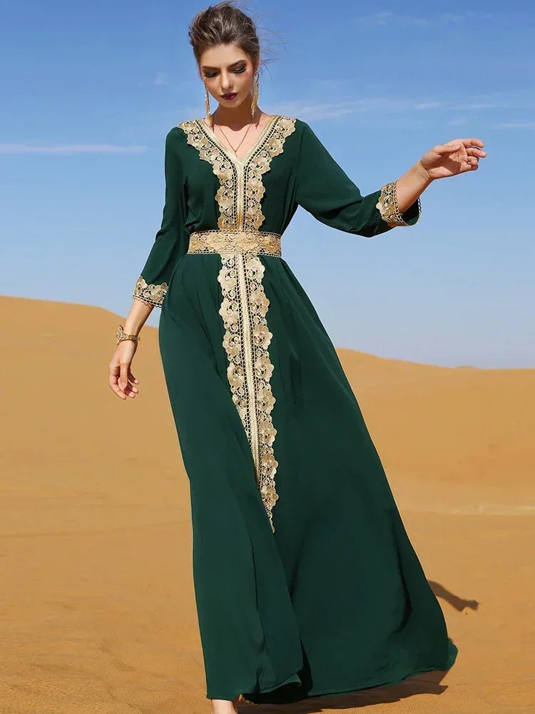 Elegant Moroccan Women Dress Embroidery Lace Retro Abaya