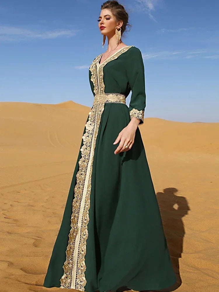 Elegant Moroccan Women Dress Embroidery Lace Retro Abaya