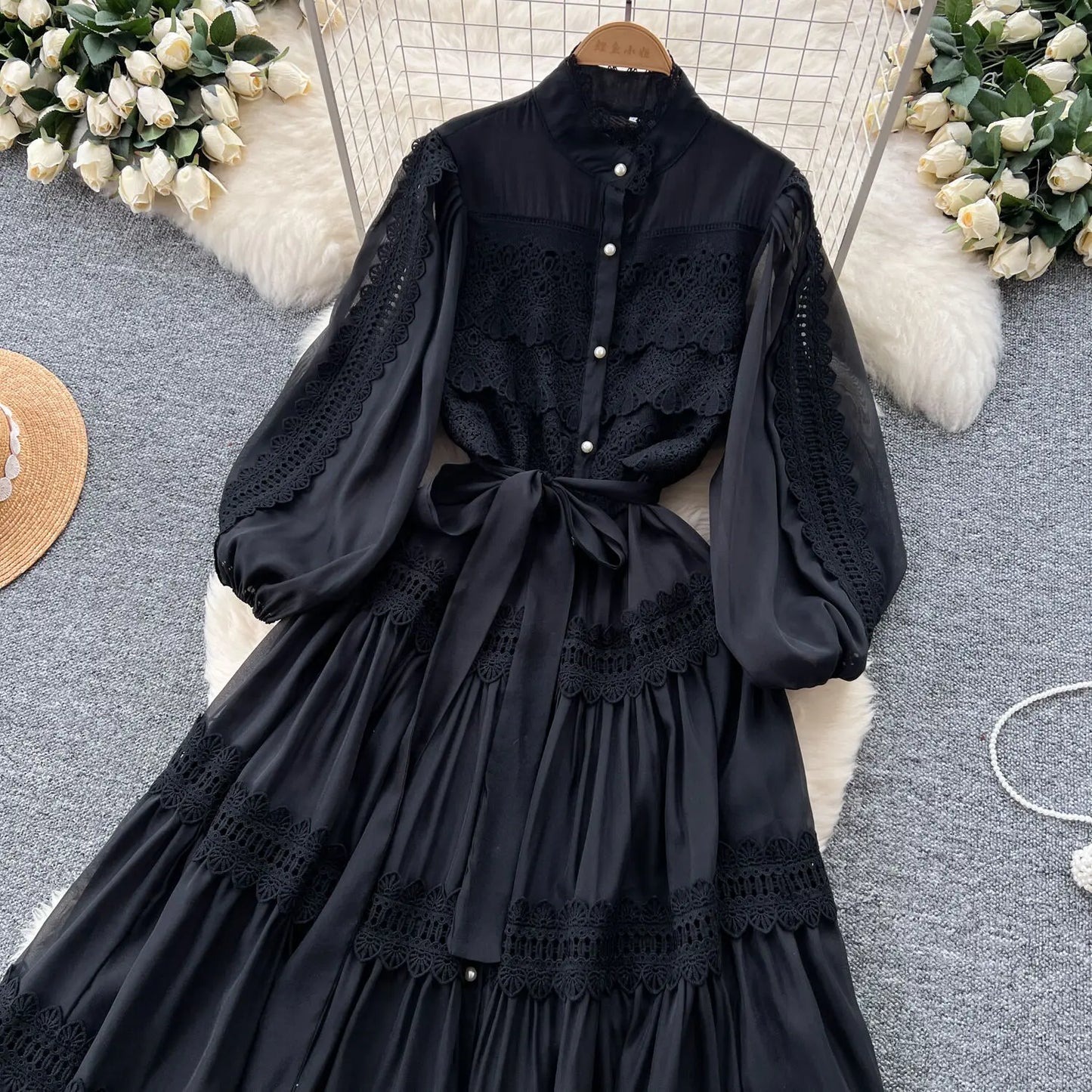 Elegant Hollow Out Organza Long Maxi Dresses Layer Ruffle