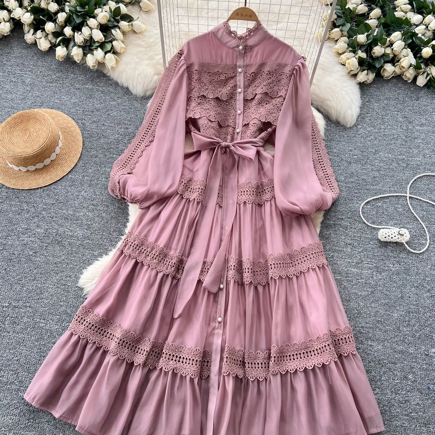 Elegant Hollow Out Organza Long Maxi Dresses Layer Ruffle