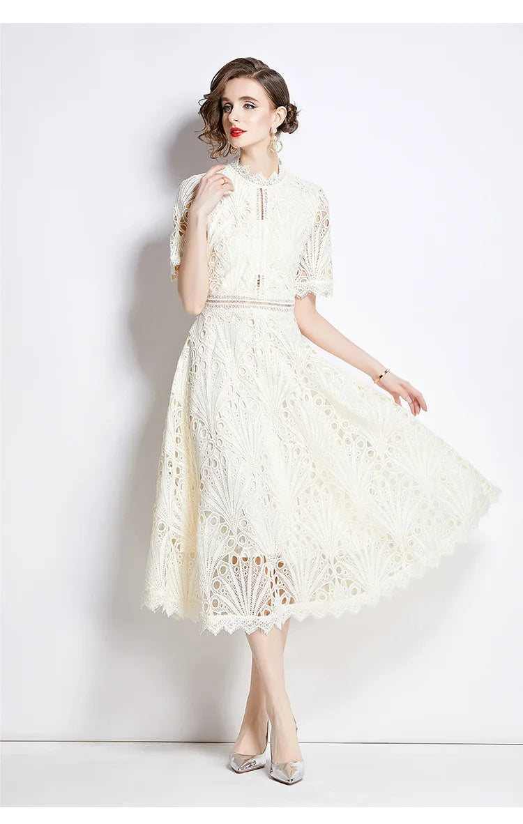 SMTHMA Vintage High-End O-Neck Short Sleeve Lace