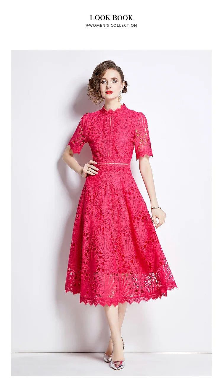 SMTHMA Vintage High-End O-Neck Short Sleeve Lace