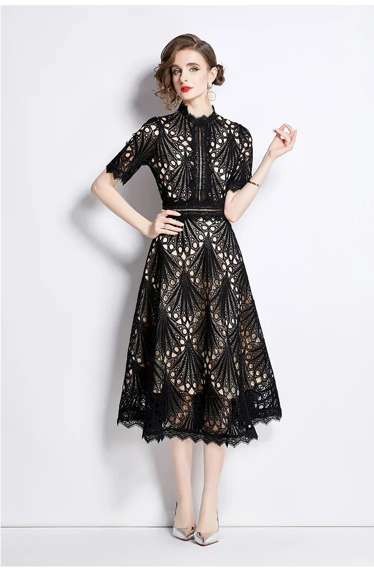 SMTHMA Vintage High-End O-Neck Short Sleeve Lace