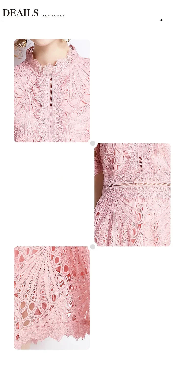 SMTHMA Vintage High-End O-Neck Short Sleeve Lace